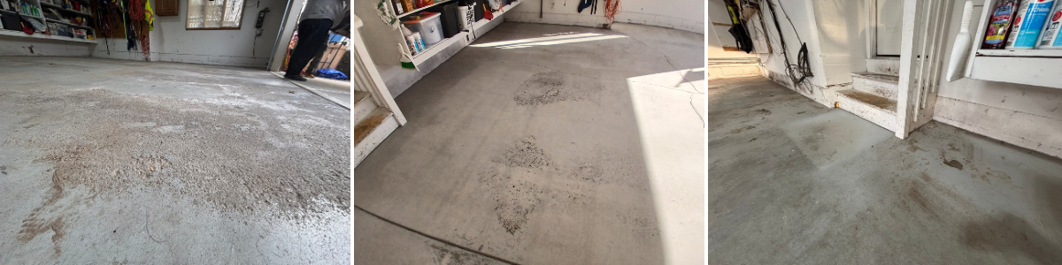 Three before images of a garage floor before Galaxy Concrete Coating