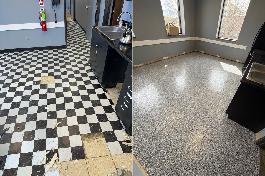Before and after of commercial floor custom coating by Galaxy Concrete Coatings.